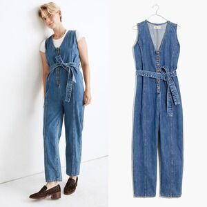 Madewell Denim Sleeveless Tie-Waist Jumpsuit in Belvoir Wash Small‎ Blue Belted